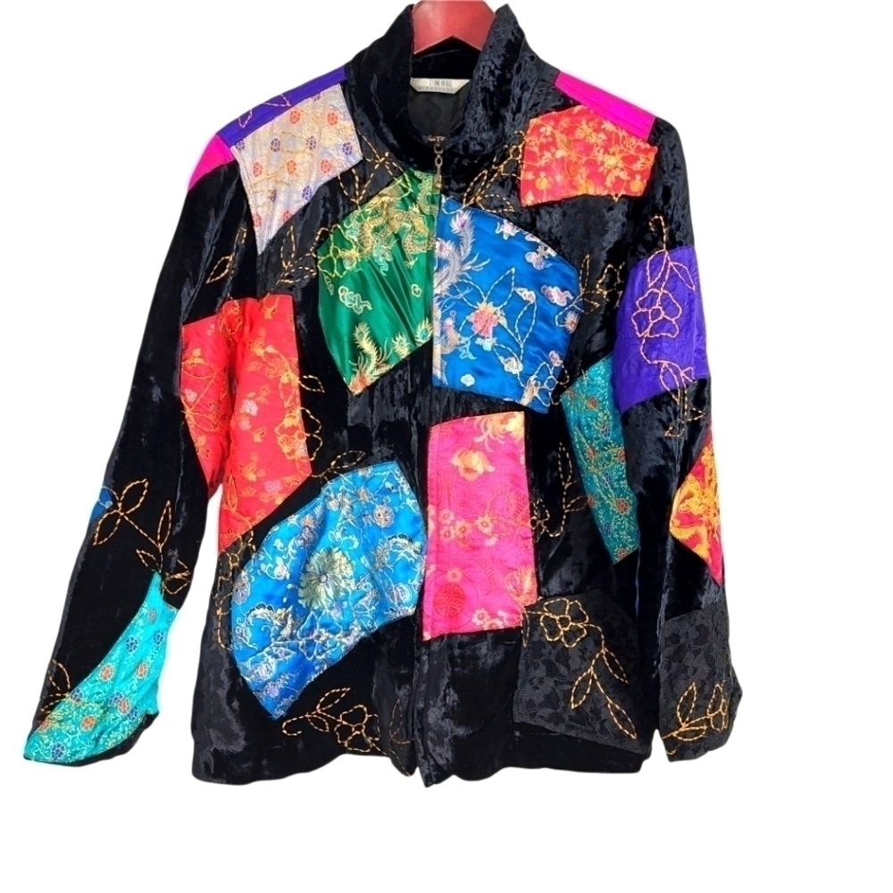 Black Velvet Eclectic Patchwork Jacket Size L Abstract, Artsy, 90's, Y2K, Retro.